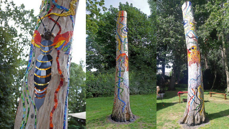 Kunstenares Jeanne Melief voltooit haar kunstwerk ‘Worteling’ in museumtuin Wieger