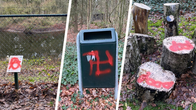 Vernielingen in Bospark Bakel; meerdere bekladdingen en hakenkruis op afvalbak