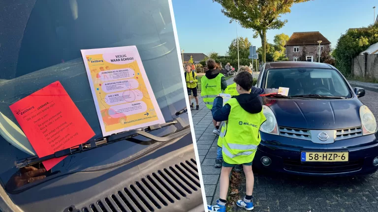 Leerlingen van basisschool Zeilberg delen ‘parkeerbonnen’ uit om automobilisten te waarschuwen