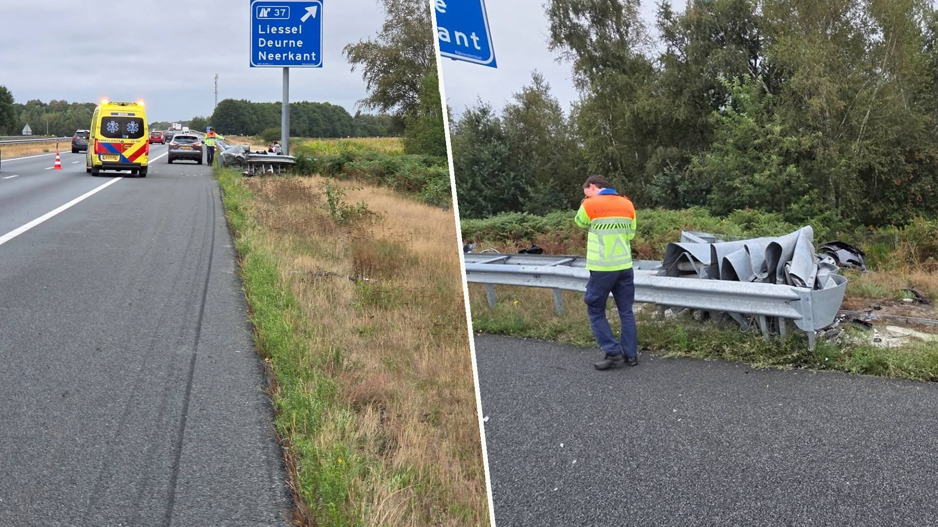 Gezin met jonge kinderen klapt met auto tegen vangrail op A67 bij Liessel en belandt in sloot