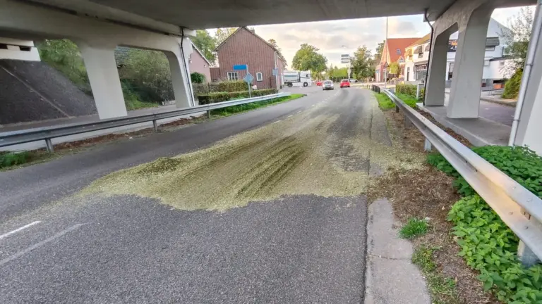 Verloren lading maïs zorgt voor gevaarlijke verkeerssituatie op Haageind in Deurne